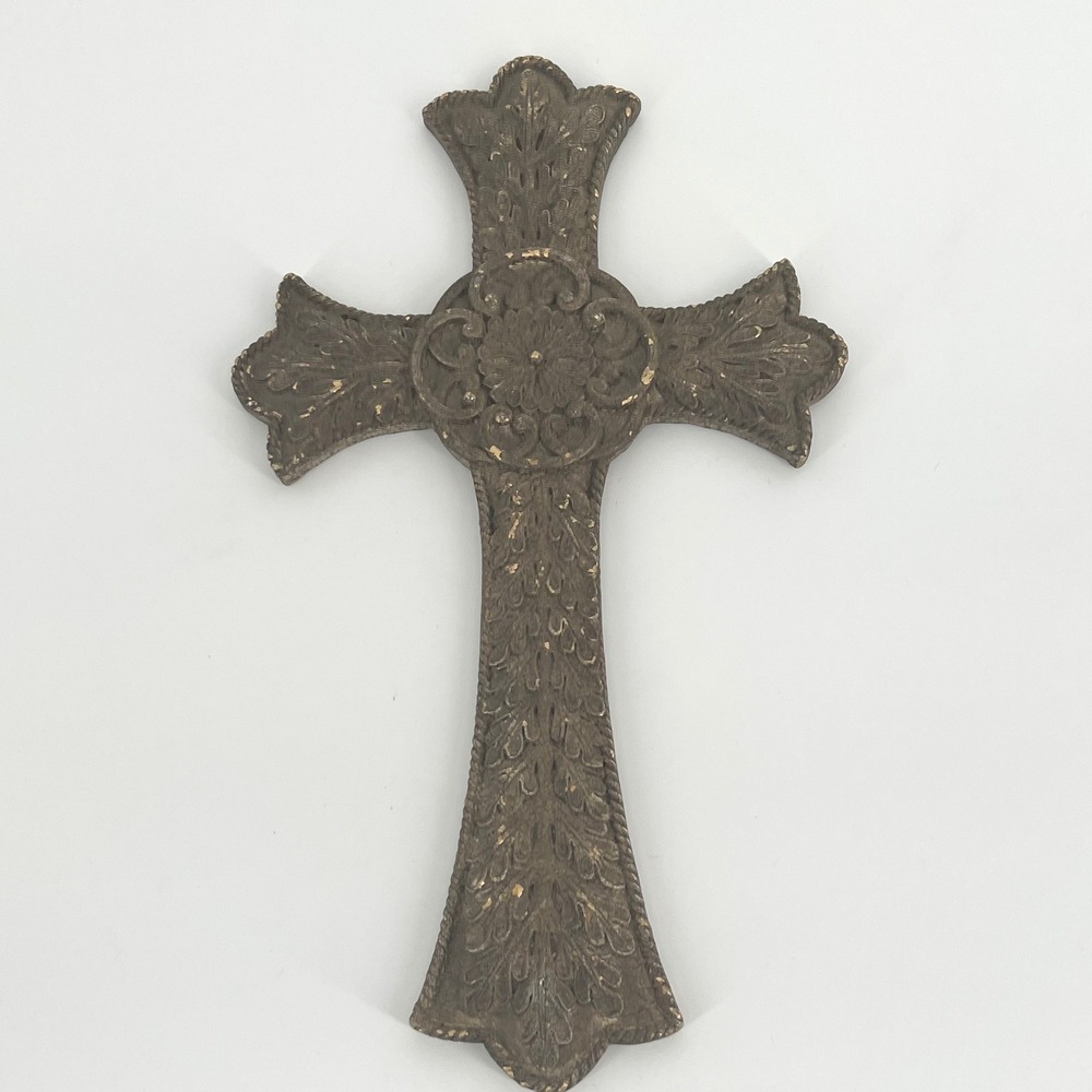 Wall‎ Cross Resin Ornate Floral Acanthus Design Brown Heavy Religious Decor 14"